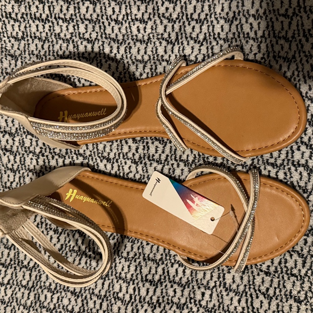 Amazon Cream and Tan Sandals with Silver Straps